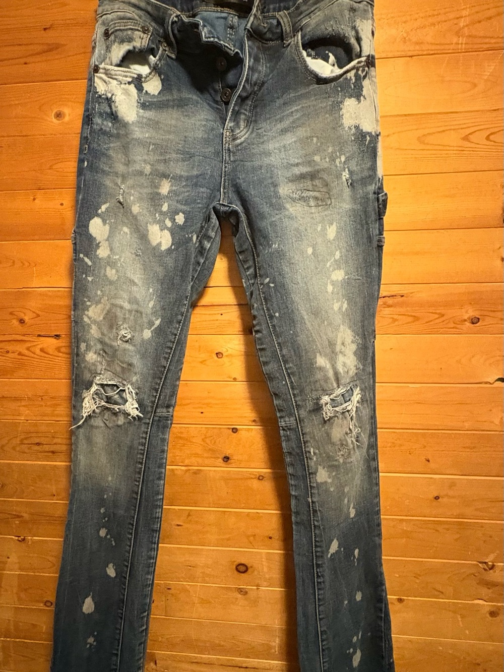 Men's Skinny Distressed Blue Paint-Splatter Jeans